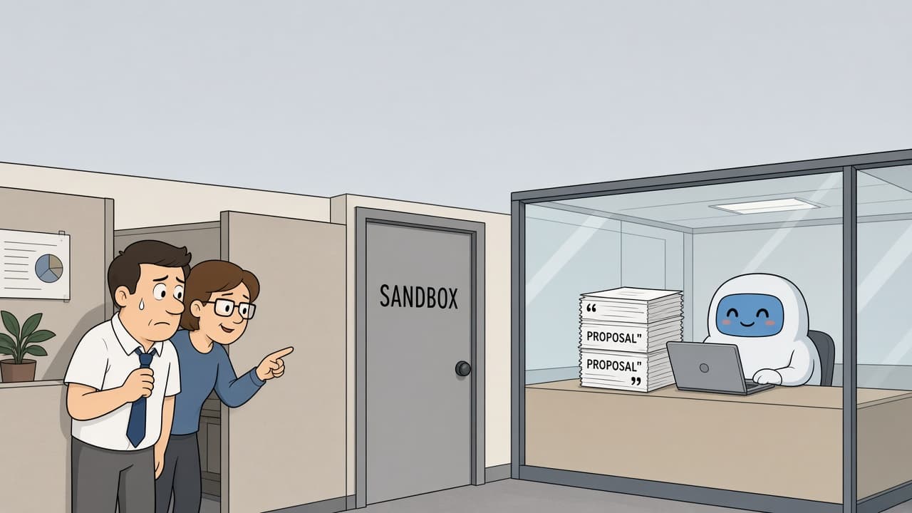 Office cartoon: a door labeled SANDBOX and a cheerful AI agent working behind glass on proposal stacks while coworkers look on