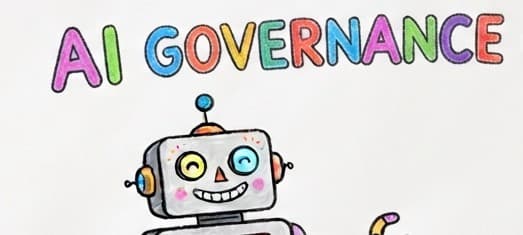 Colourful hand-drawn AI GOVERNANCE title with a friendly smiling robot