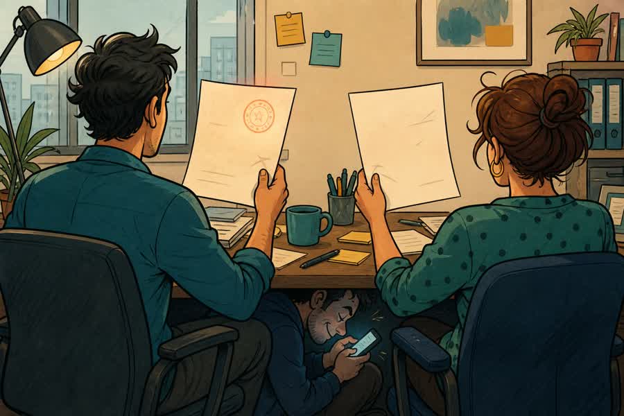 Office cartoon: one stamped letter, one clean letter, someone on a phone under the desk
