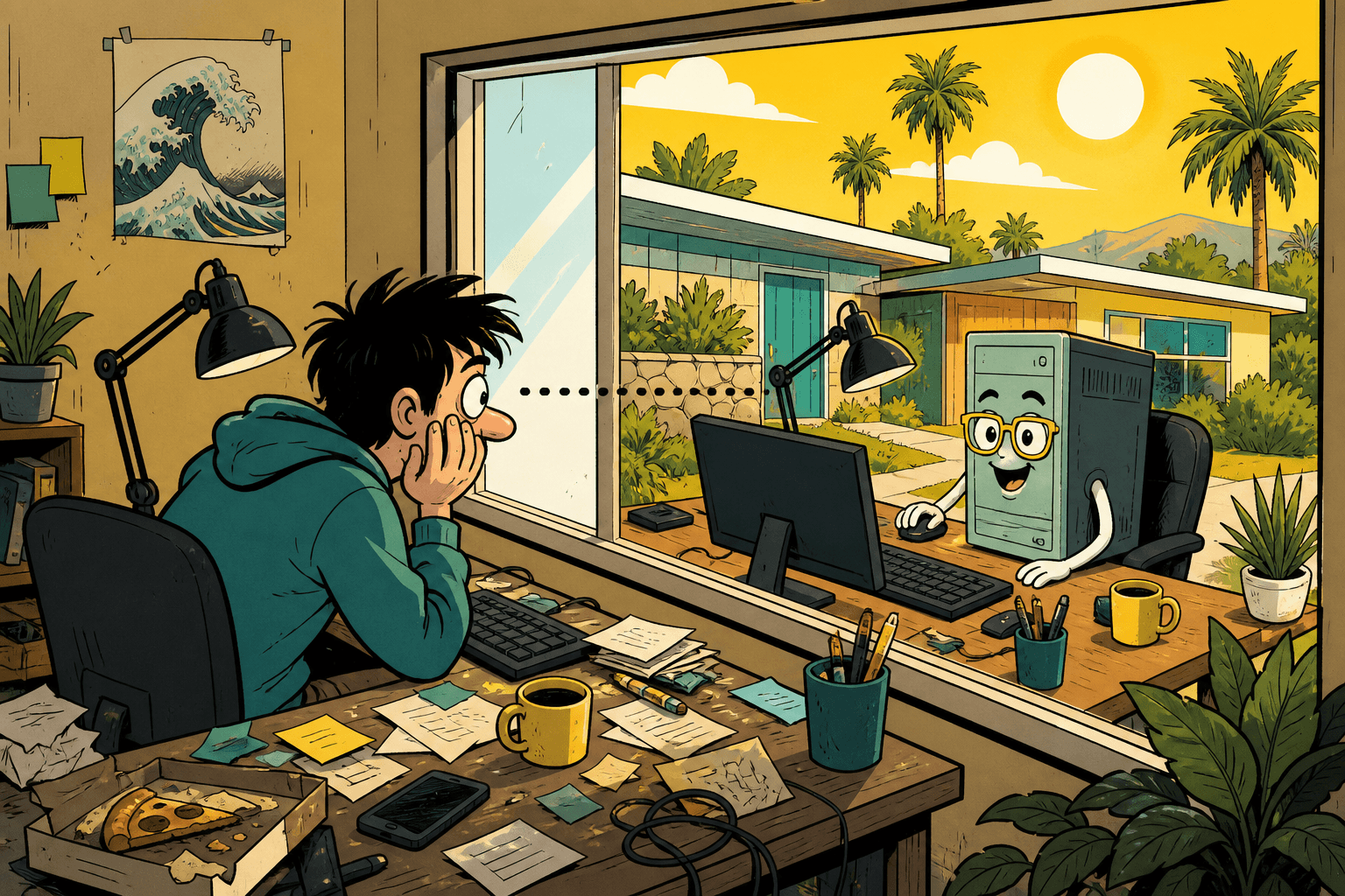 Cartoon: a tired operator watches a smiling desktop-computer agent working at a sunny Silicon Valley desk.