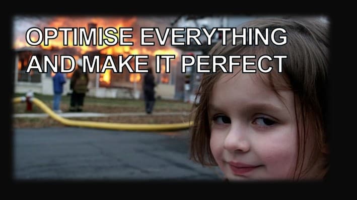 Disaster Girl meme with text Optimise Everything And Make It Perfect